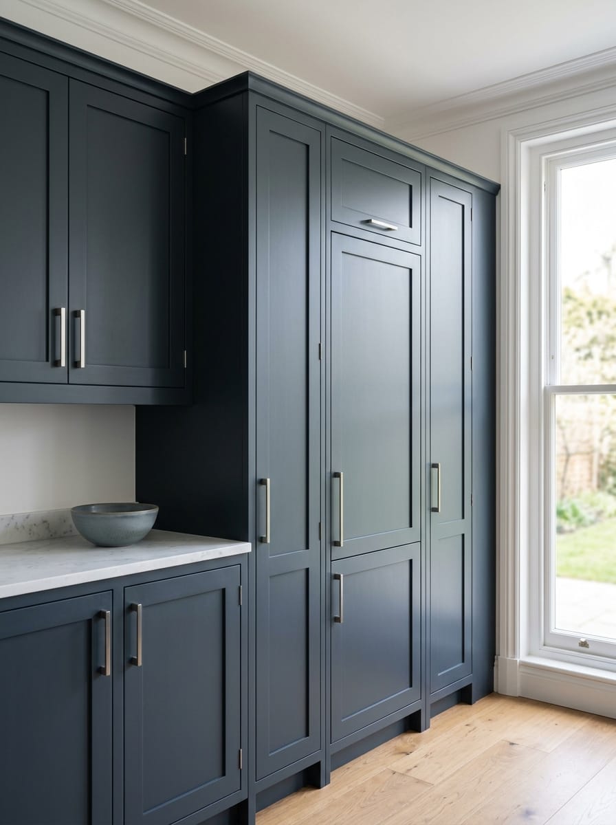 Tall view of full-height bespoke kitchen cabinetry, contemporary in-frame cabinetry