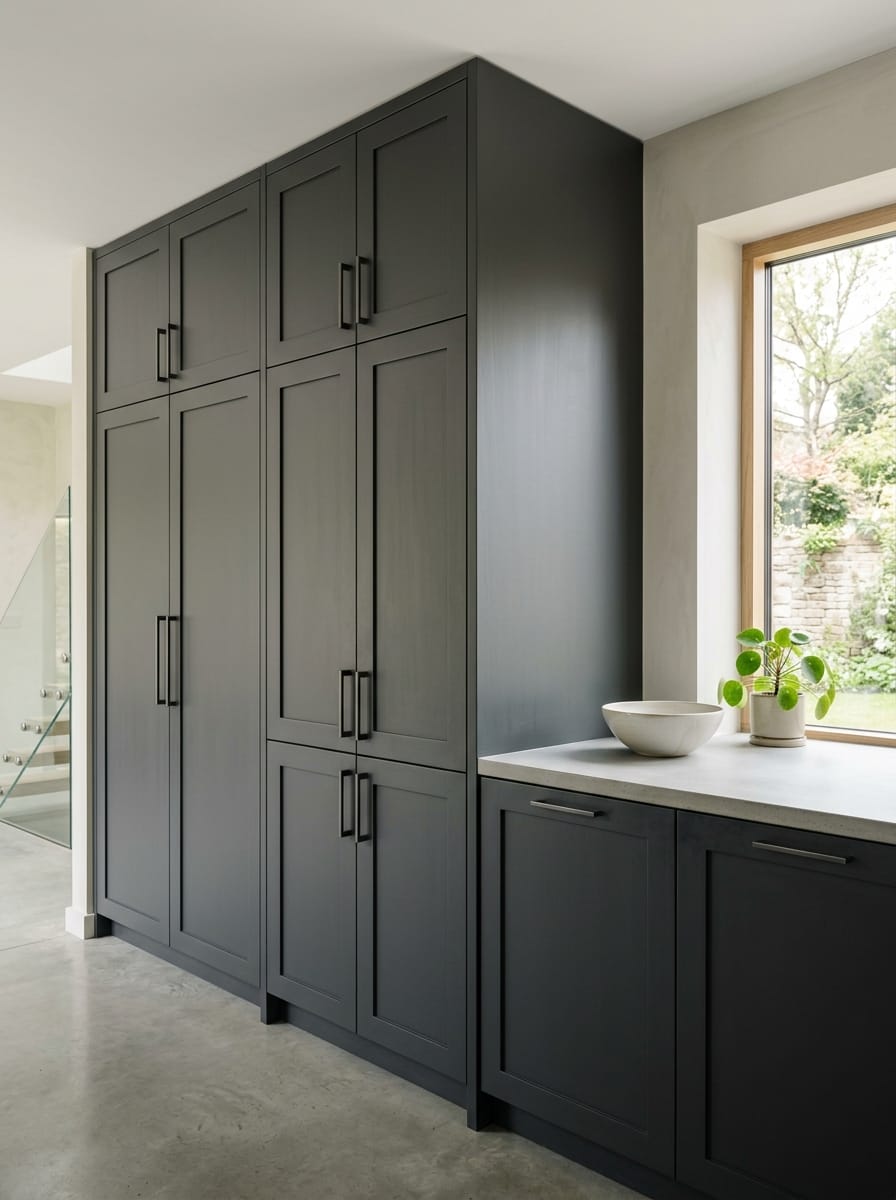 Tall view of full-height bespoke kitchen cabinetry, contemporary in-frame cabinetry