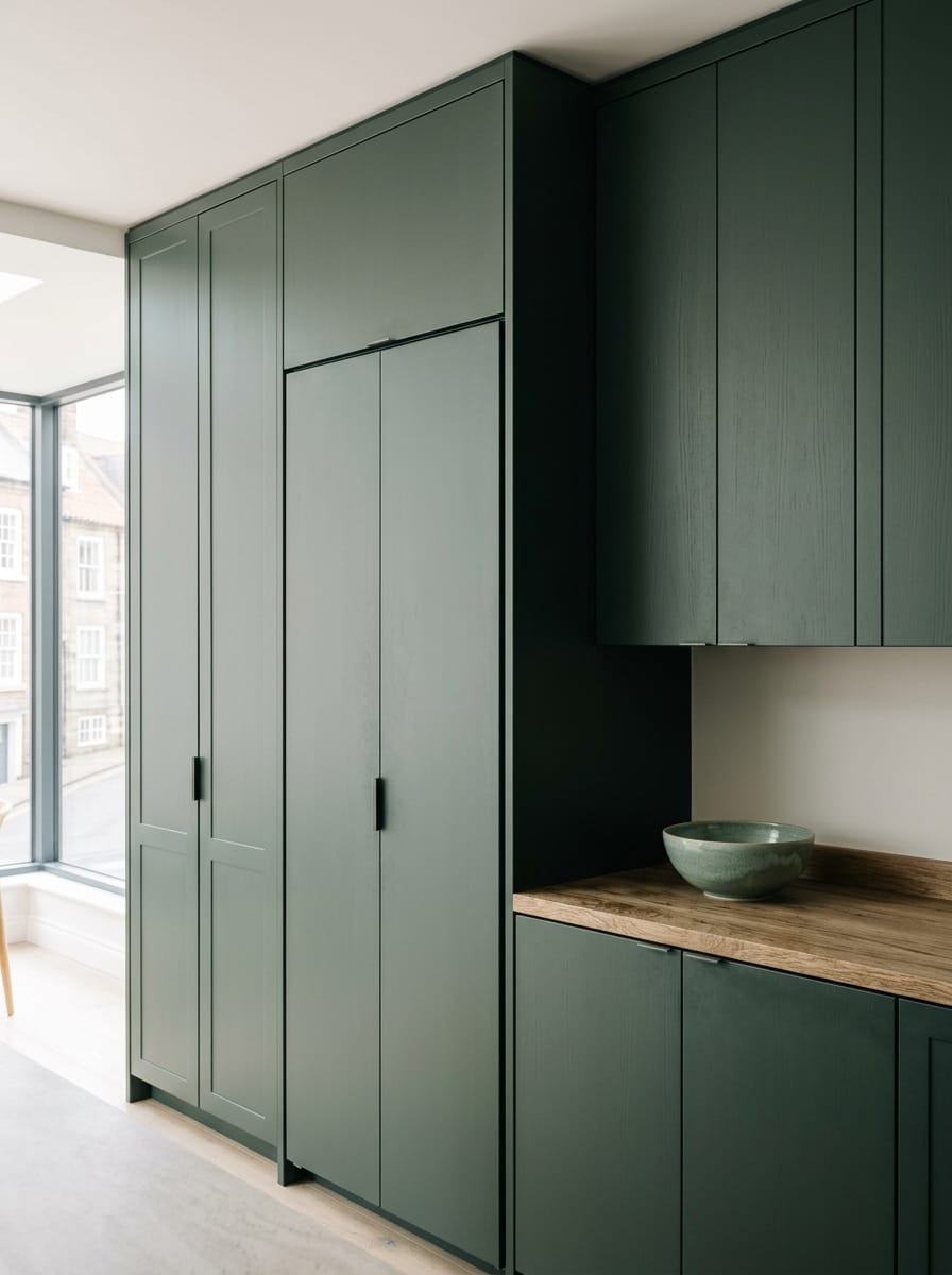 Tall view of full-height bespoke kitchen cabinetry, timber veneer slab-door cabinetry