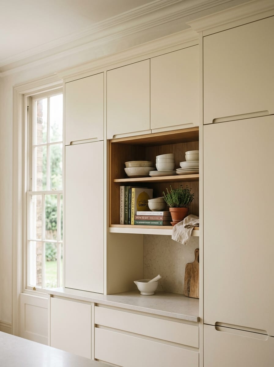 Tall view of full-height bespoke kitchen cabinetry, contemporary painted lay-on cabinetry