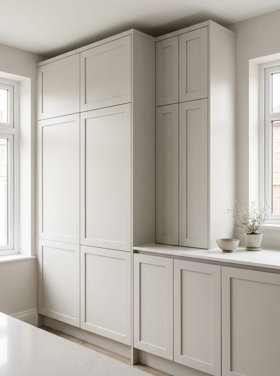 Tall view of full-height bespoke kitchen cabinetry, matt painted handleless slab cabinetry