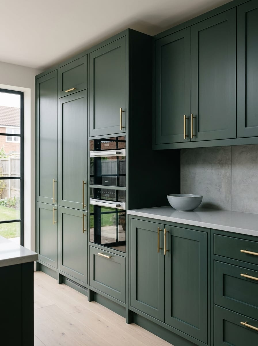 Tall view of full-height bespoke kitchen cabinetry, contemporary painted lay-on cabinetry
