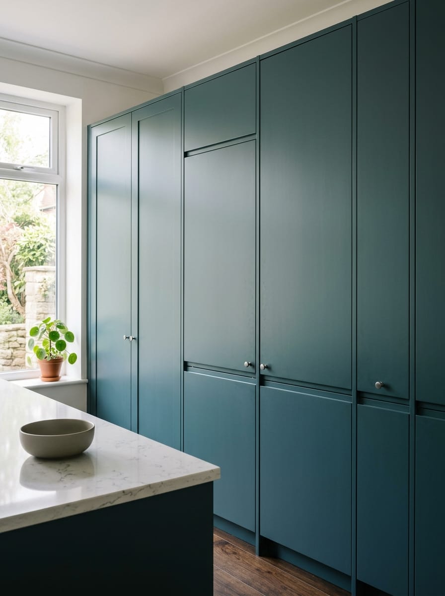 Tall view of full-height bespoke kitchen cabinetry, contemporary painted lay-on cabinetry