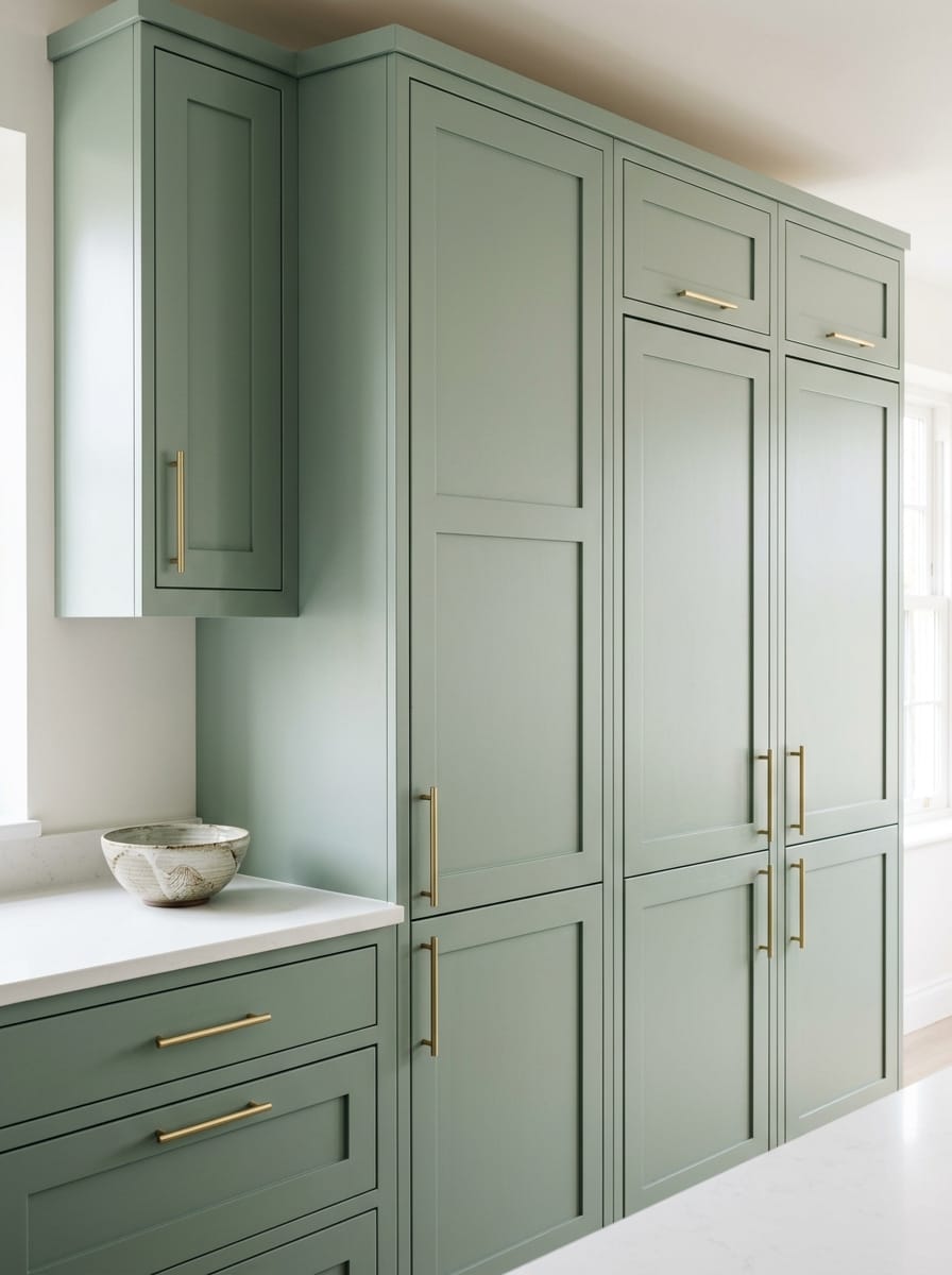 Tall view of full-height bespoke kitchen cabinetry, timber veneer slab-door cabinetry