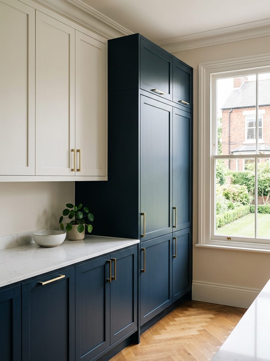 Tall view of full-height bespoke kitchen cabinetry, modern shaker cabinetry