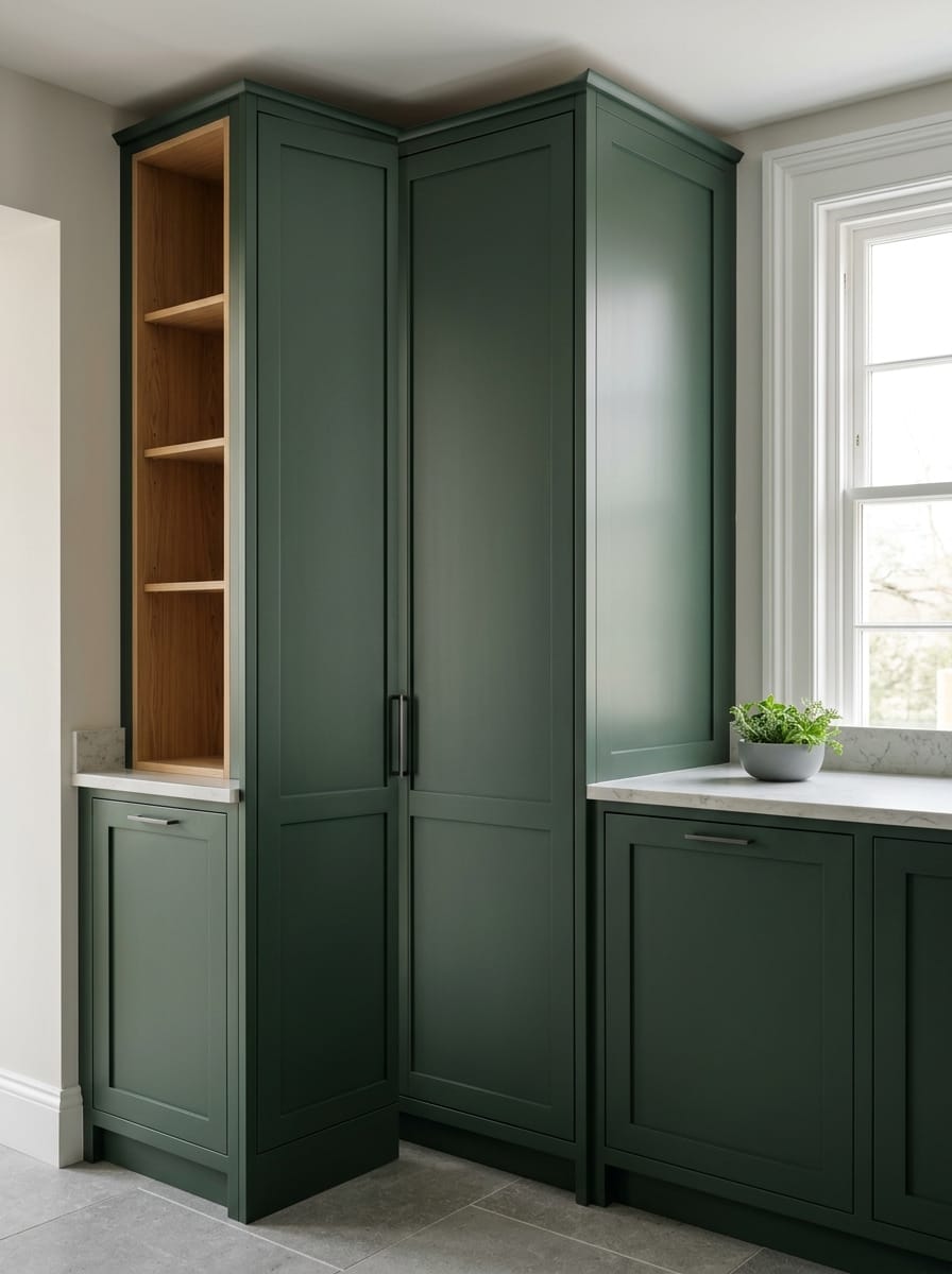 Tall view of full-height bespoke kitchen cabinetry, timber veneer slab-door cabinetry