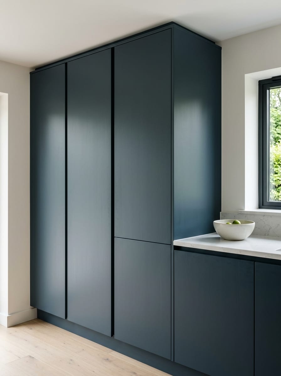 Tall view of full-height bespoke kitchen cabinetry, contemporary painted lay-on cabinetry