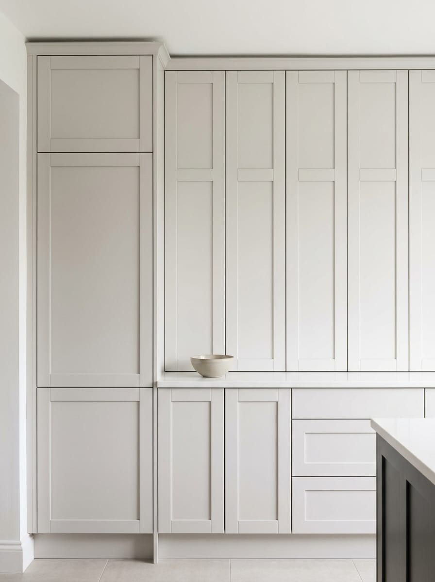 Tall view of full-height bespoke kitchen cabinetry, modern shaker cabinetry