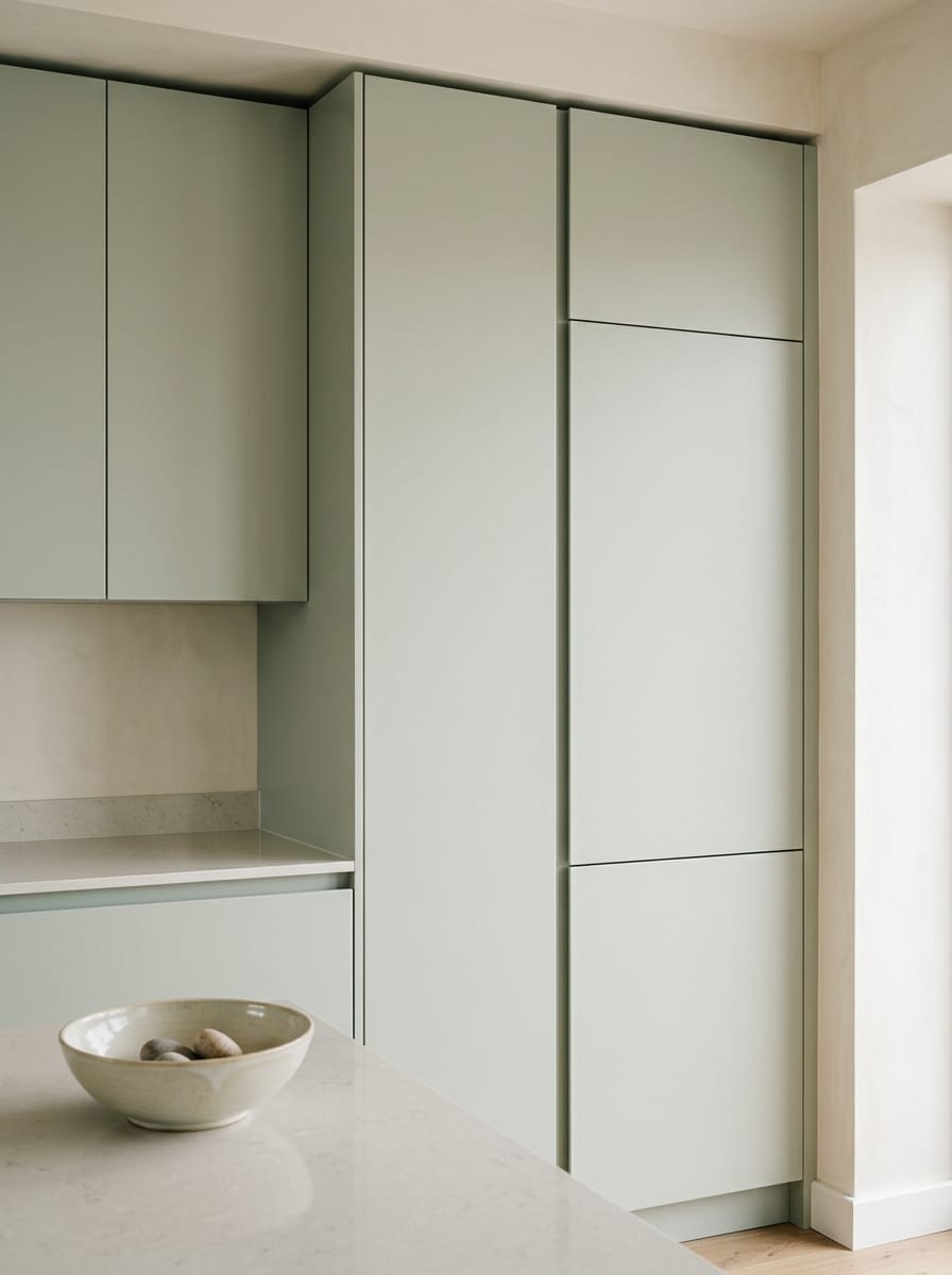 Tall view of full-height bespoke kitchen cabinetry, matt painted handleless slab cabinetry