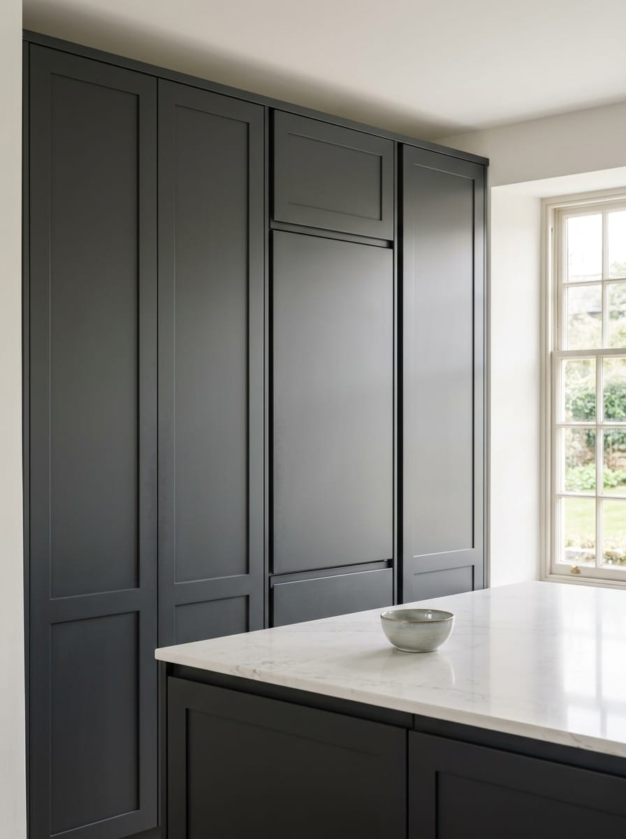 portrait1_600x800-279 Tall view of full-height bespoke kitchen cabinetry, matt painted handleless slab cabinetry