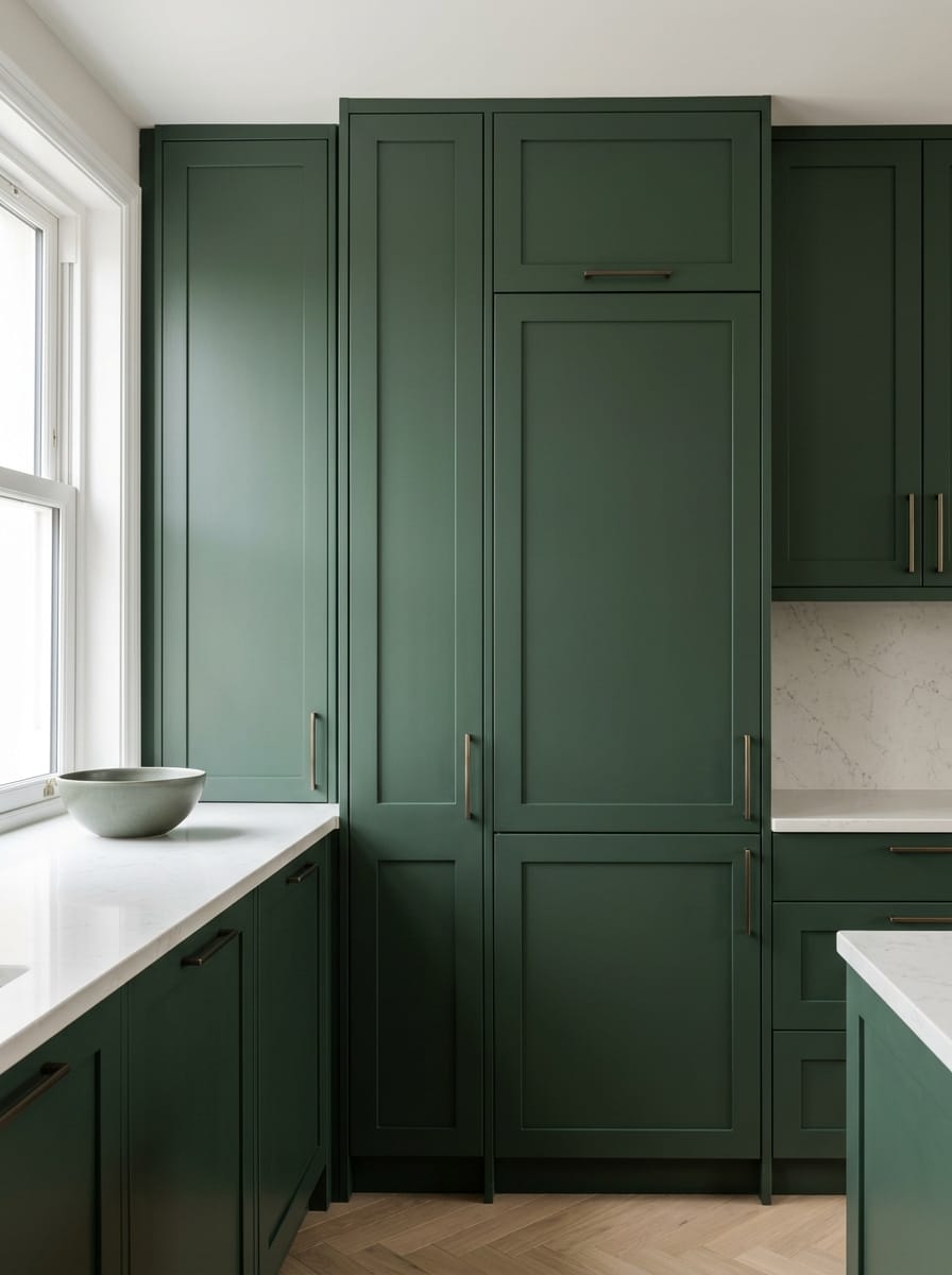 Tall view of full-height bespoke kitchen cabinetry, matt painted handleless slab cabinetry