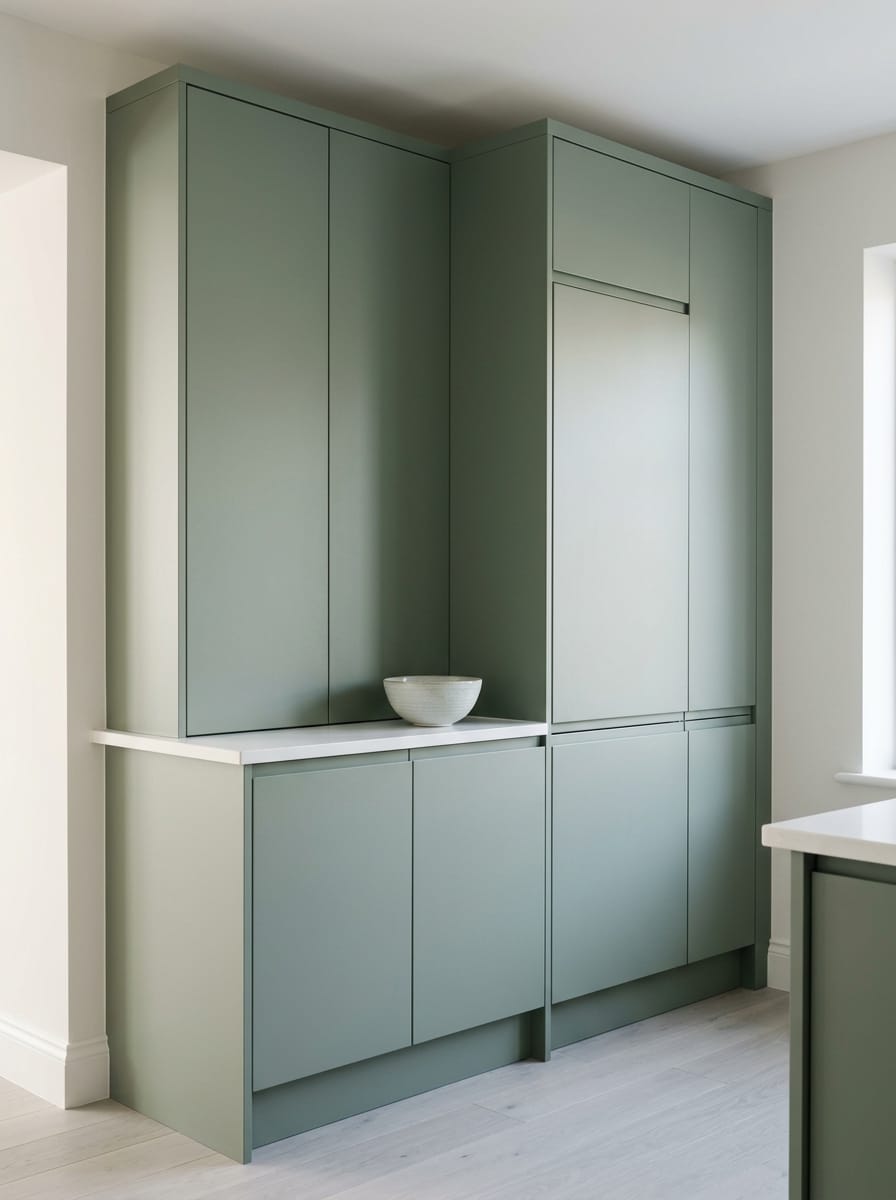 Tall view of full-height bespoke kitchen cabinetry, timber veneer slab-door cabinetry