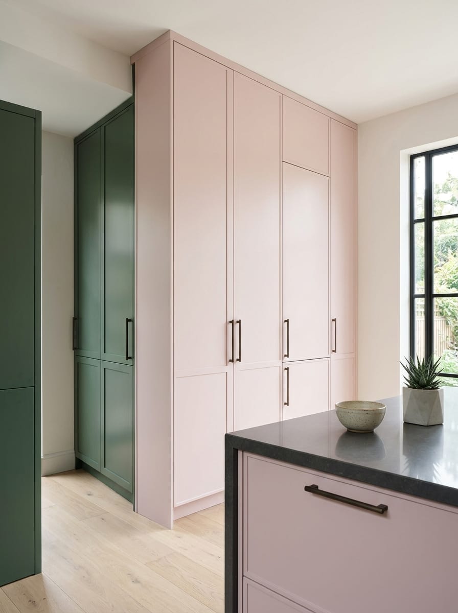 Tall view of full-height bespoke kitchen cabinetry, matt painted handleless slab cabinetry