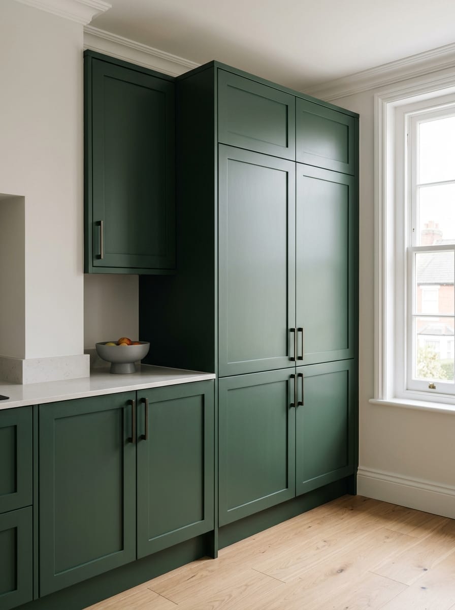 Tall view of full-height bespoke kitchen cabinetry, timber veneer slab-door cabinetry