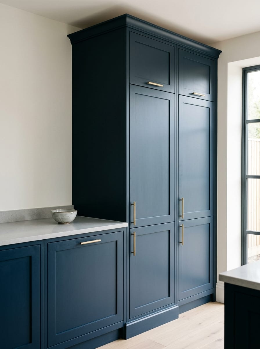 Tall view of full-height bespoke kitchen cabinetry, modern shaker cabinetry