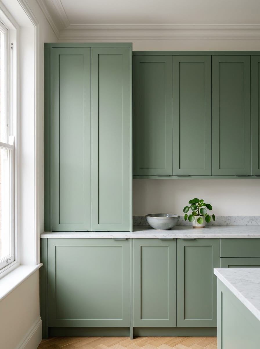 Tall view of full-height bespoke kitchen cabinetry, matt painted handleless slab cabinetry