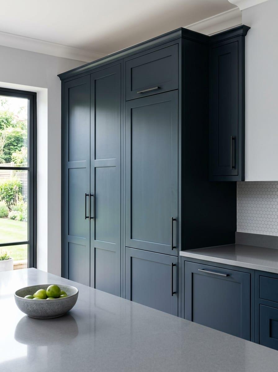 Tall view of full-height bespoke kitchen cabinetry, modern shaker cabinetry