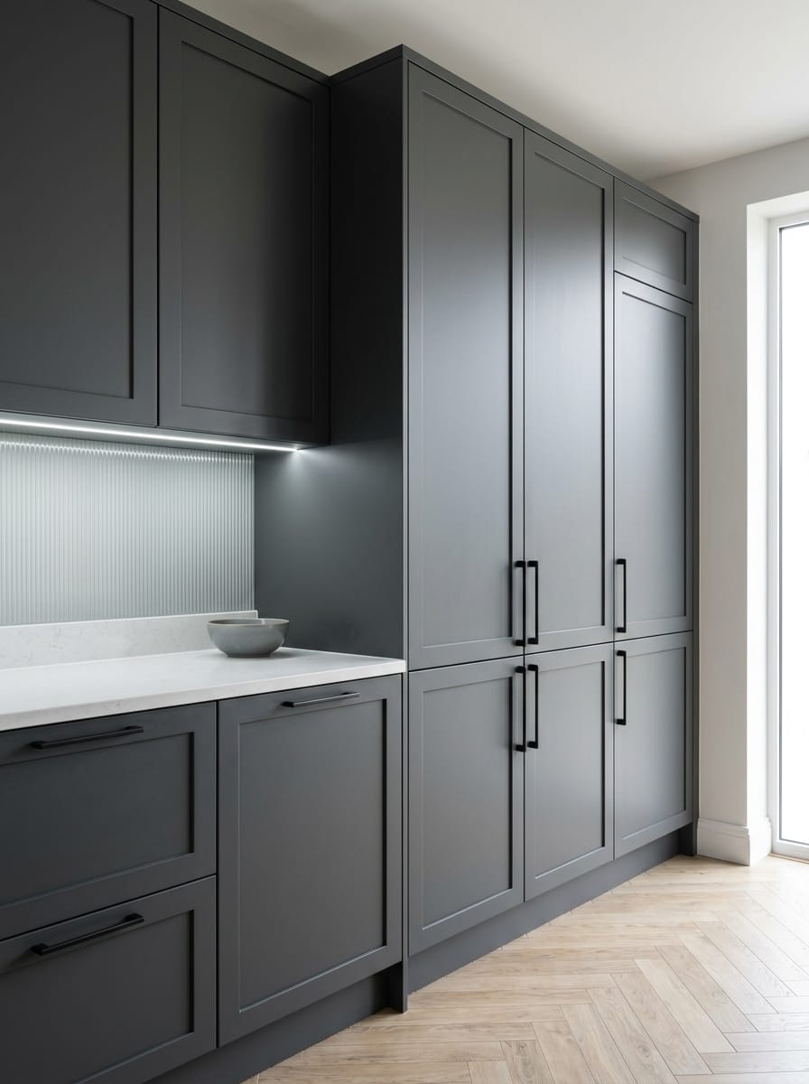 Tall view of full-height bespoke kitchen cabinetry, matt painted handleless slab cabinetry