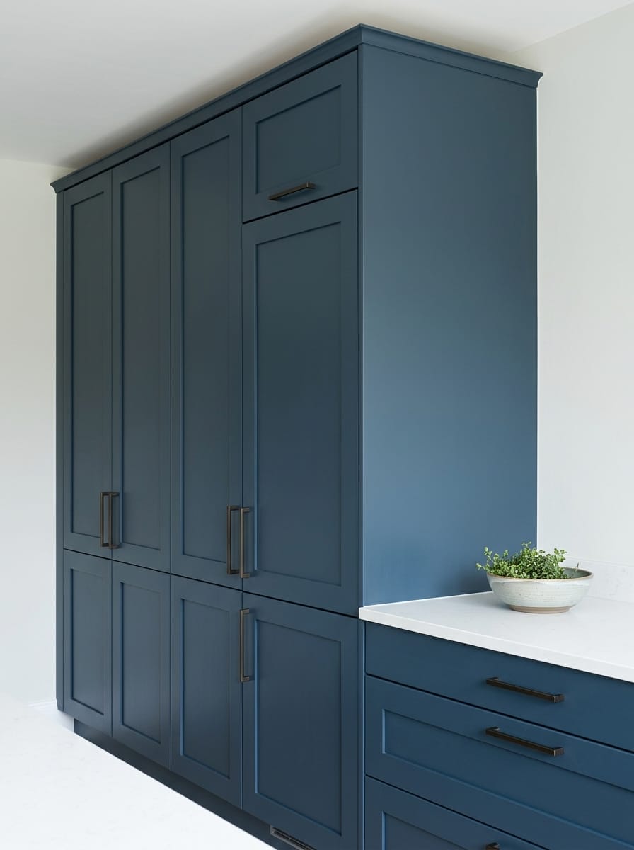 Tall view of full-height bespoke kitchen cabinetry, modern shaker cabinetry