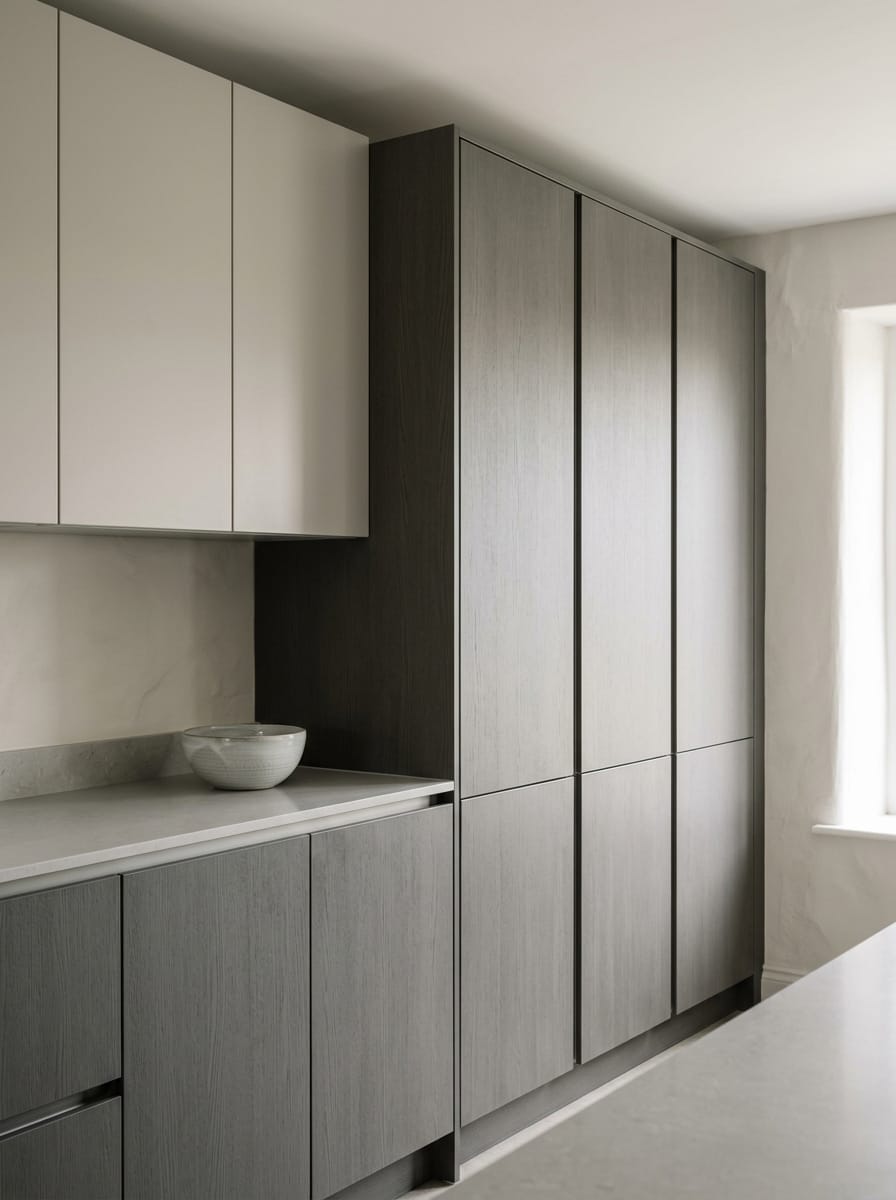 Tall view of full-height bespoke kitchen cabinetry, modern shaker cabinetry