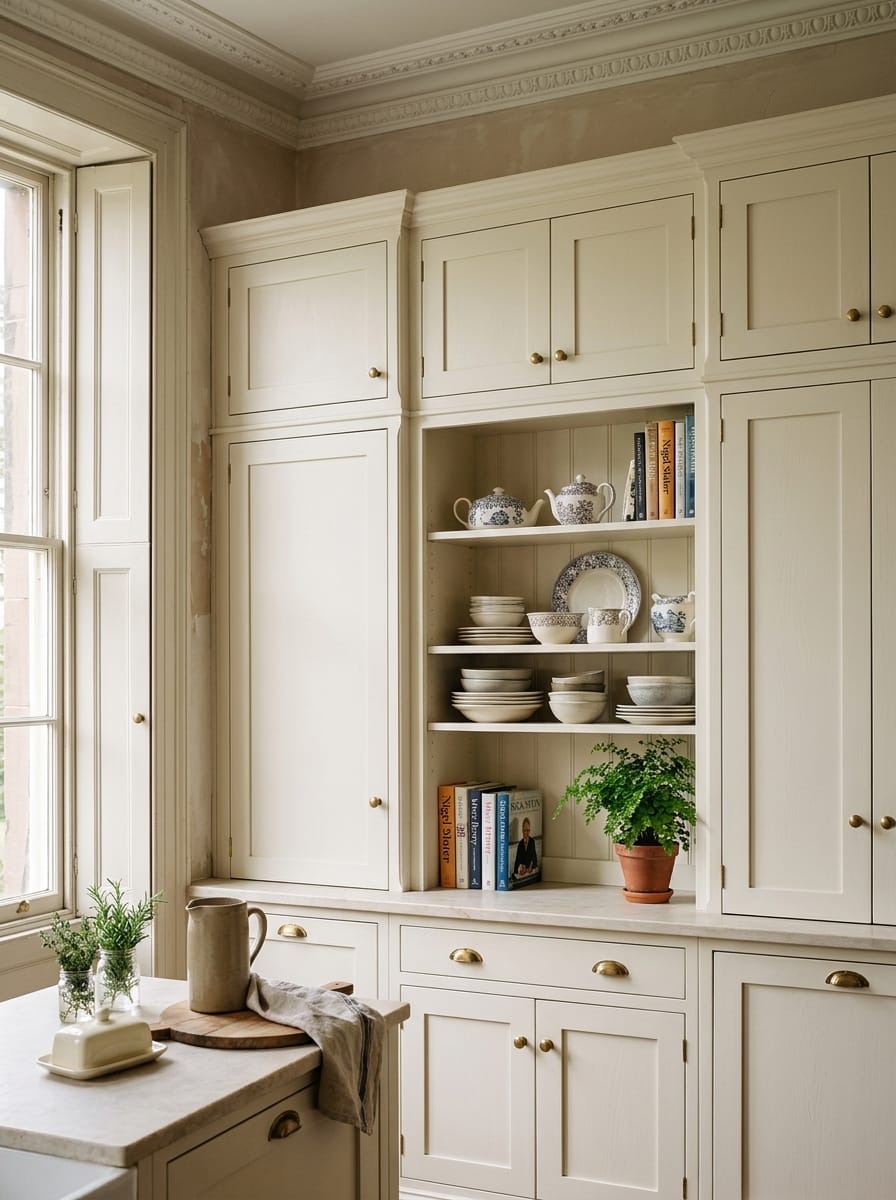 Tall view of full-height bespoke kitchen cabinetry in a Chester home, painted lay-on shaker cabinetry