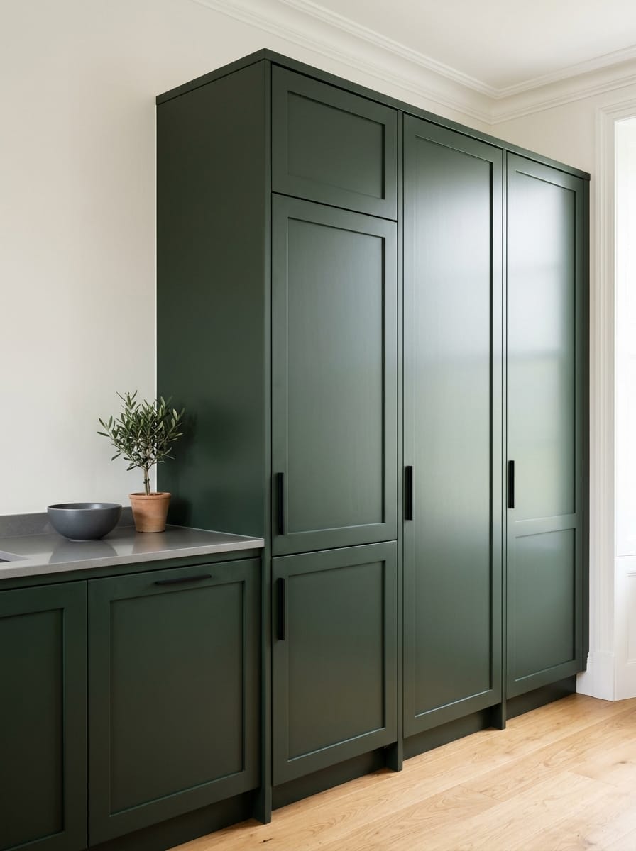 Tall view of full-height bespoke kitchen cabinetry, matt painted handleless slab cabinetry