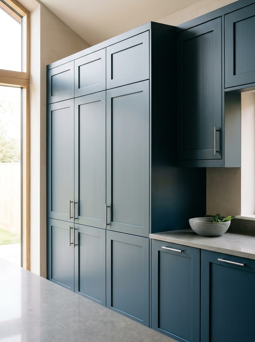 Tall view of full-height bespoke kitchen cabinetry, modern shaker cabinetry