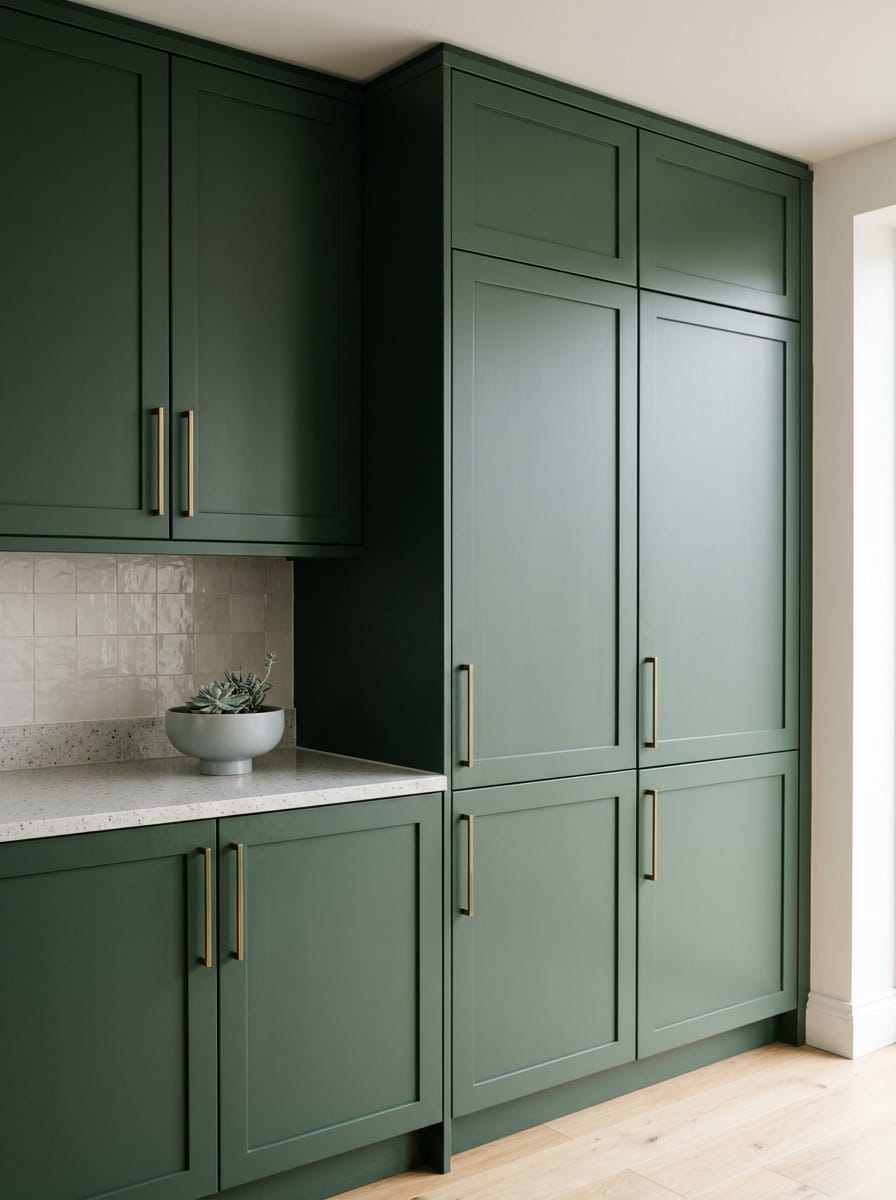 Tall view of full-height bespoke kitchen cabinetry, modern shaker cabinetry