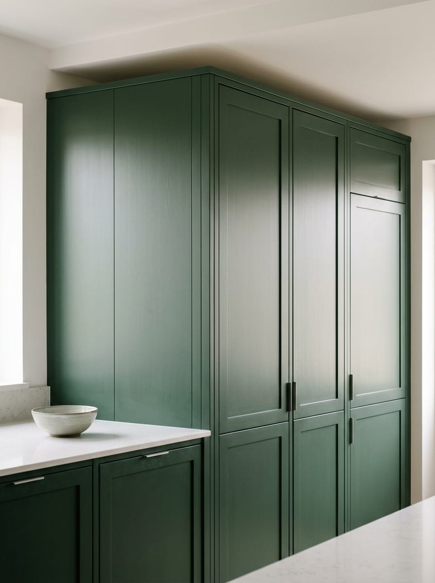 Tall view of full-height bespoke kitchen cabinetry, timber veneer slab-door cabinetry