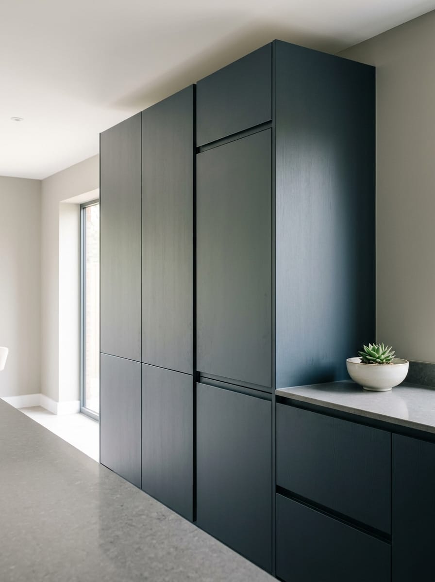 Tall view of full-height bespoke kitchen cabinetry, modern shaker cabinetry