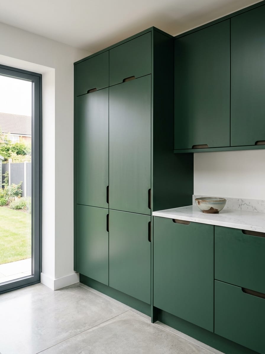 portrait1_600x800-306 Tall view of full-height bespoke kitchen cabinetry, matt painted handleless slab cabinetry
