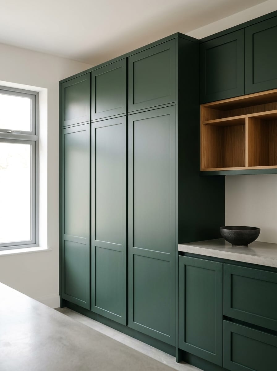 Tall view of full-height bespoke kitchen cabinetry, matt painted handleless slab cabinetry