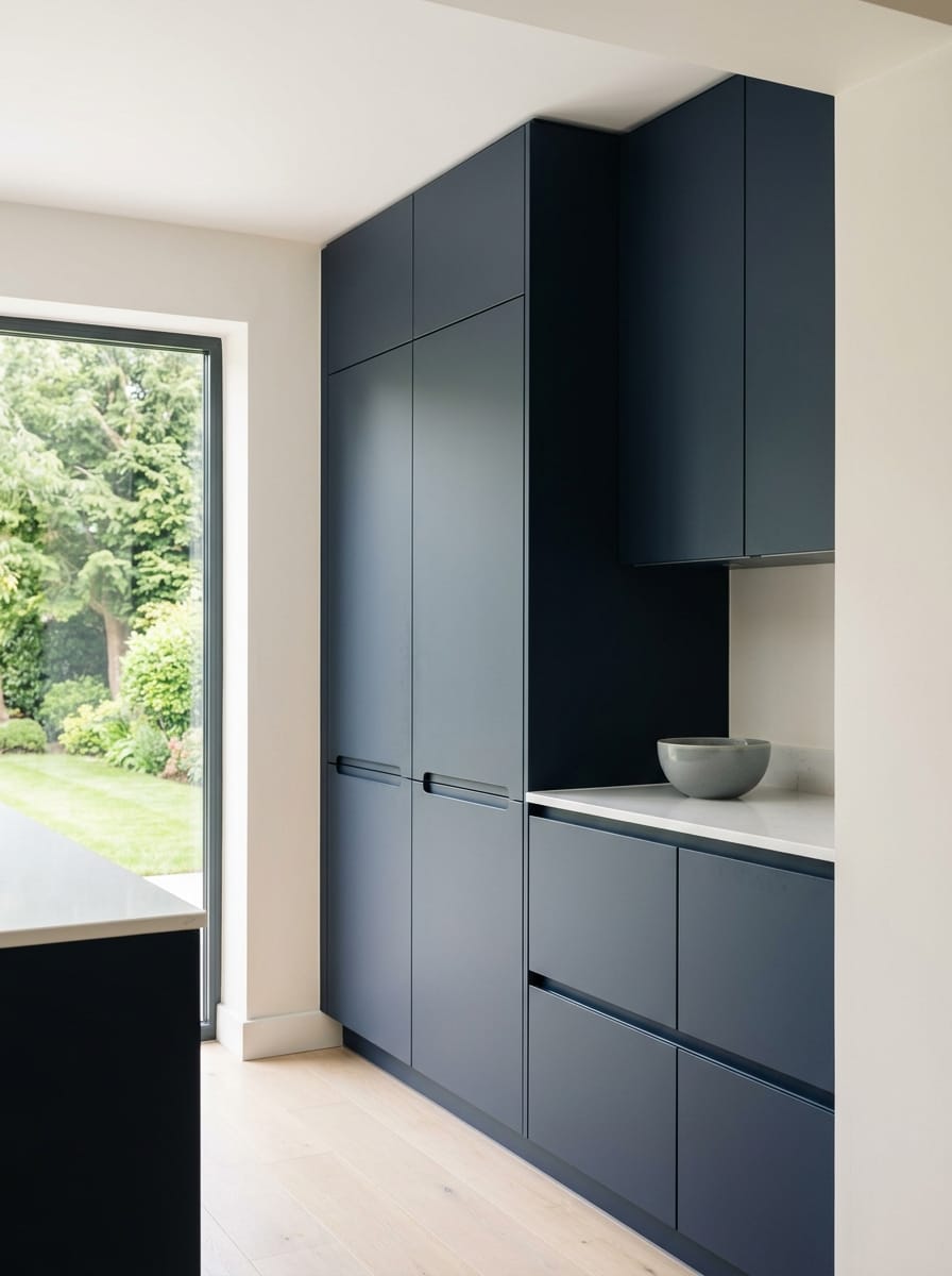Tall view of full-height bespoke kitchen cabinetry, contemporary painted lay-on cabinetry