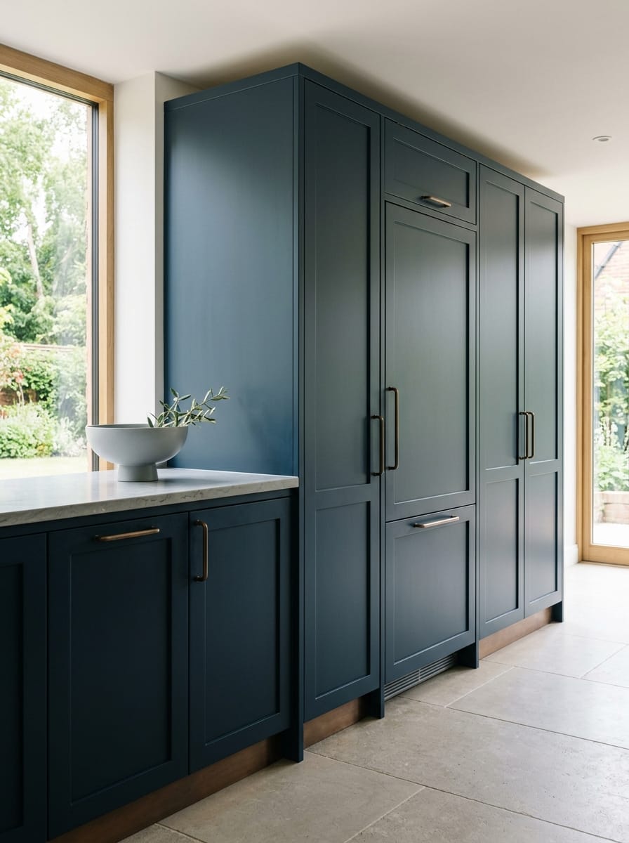 Tall view of full-height bespoke kitchen cabinetry, contemporary painted lay-on cabinetry