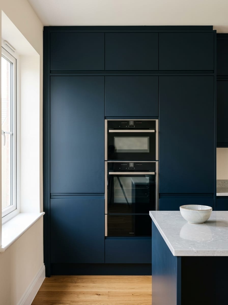 Tall view of full-height bespoke kitchen cabinetry, modern shaker cabinetry