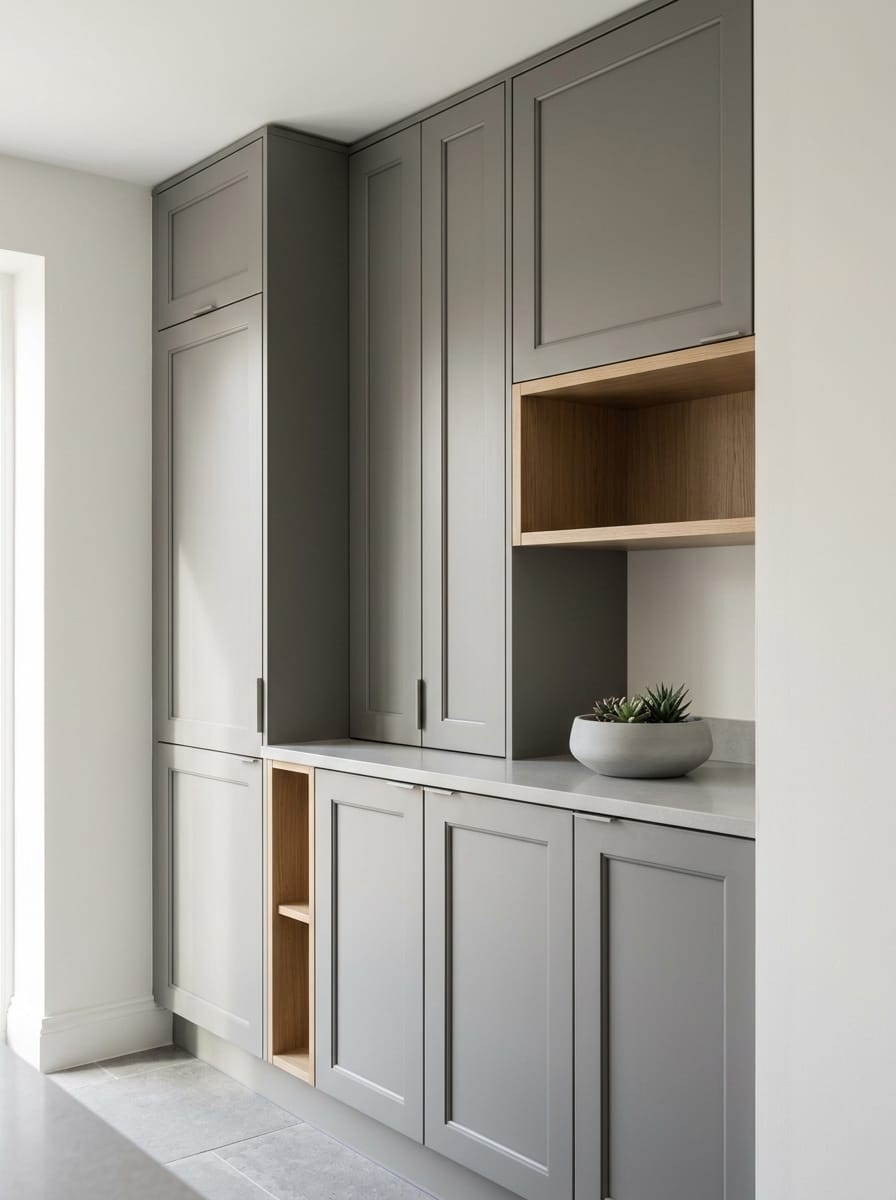 Tall view of full-height bespoke kitchen cabinetry, contemporary painted lay-on cabinetry