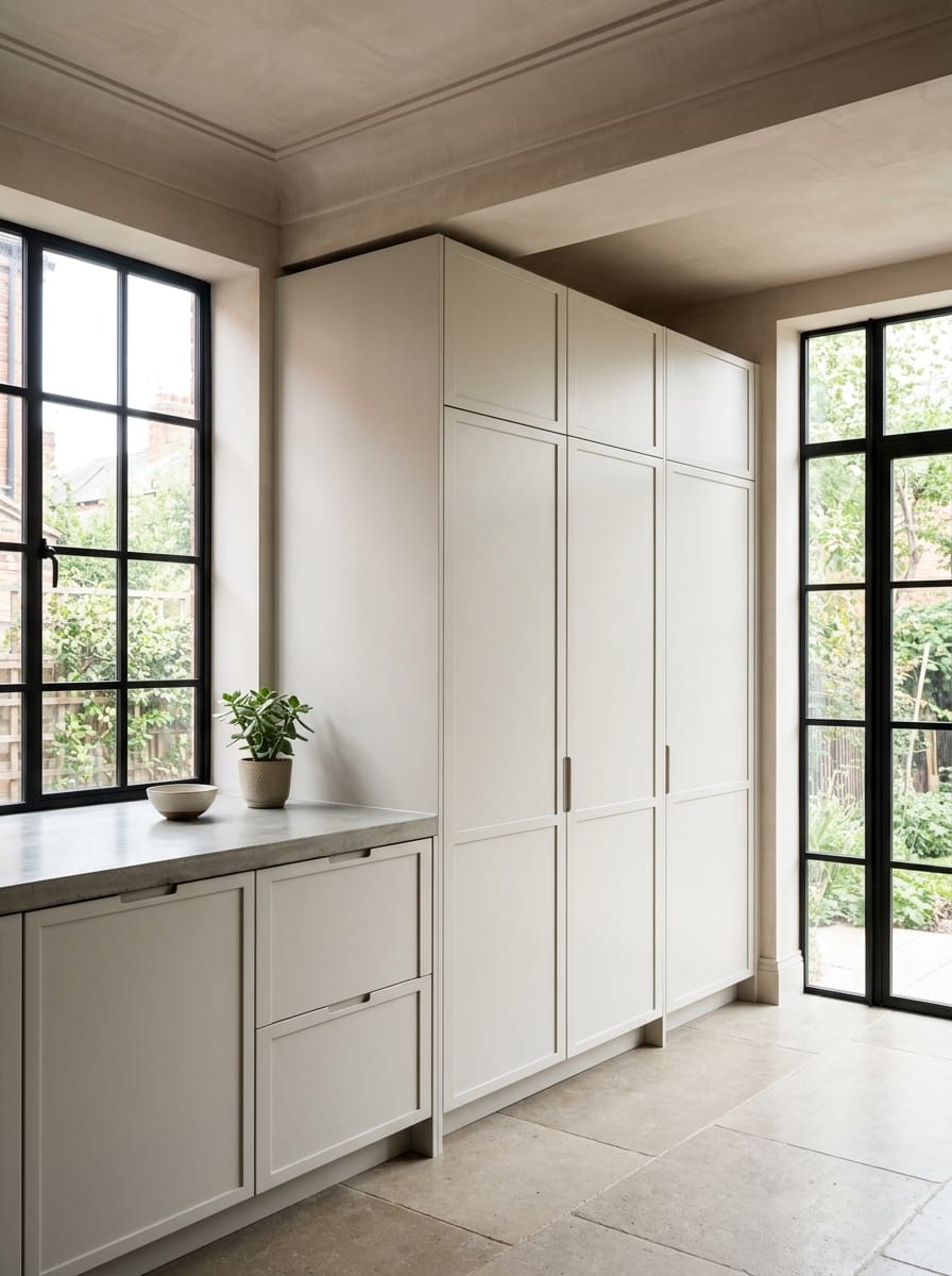 portrait1_600x800-314 Tall view of full-height bespoke kitchen cabinetry, matt painted handleless slab cabinetry