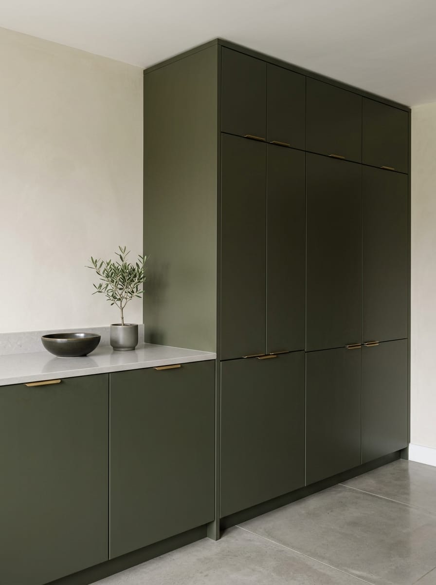 Tall view of full-height bespoke kitchen cabinetry, contemporary painted lay-on cabinetry