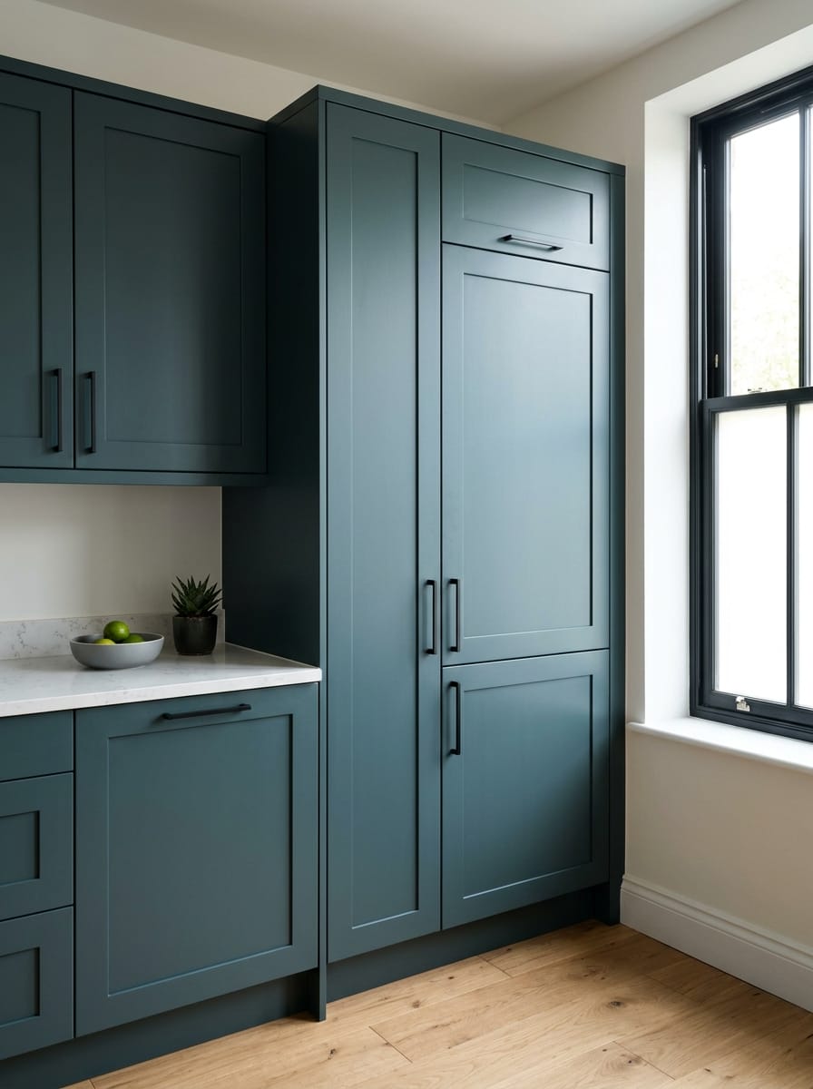 Tall view of full-height bespoke kitchen cabinetry, matt painted handleless slab cabinetry