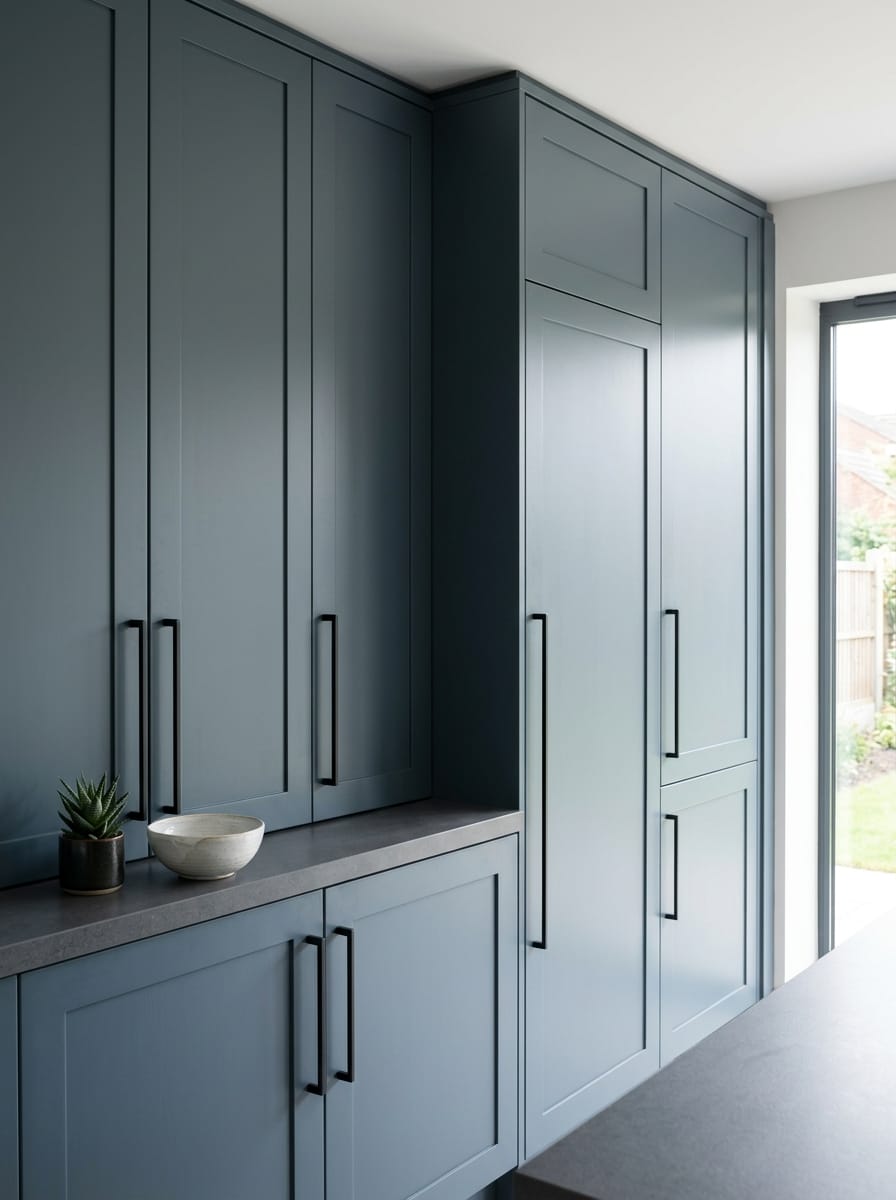 Tall view of full-height bespoke kitchen cabinetry, timber veneer slab-door cabinetry