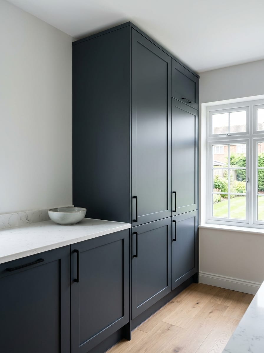 Tall view of full-height bespoke kitchen cabinetry, contemporary painted lay-on cabinetry