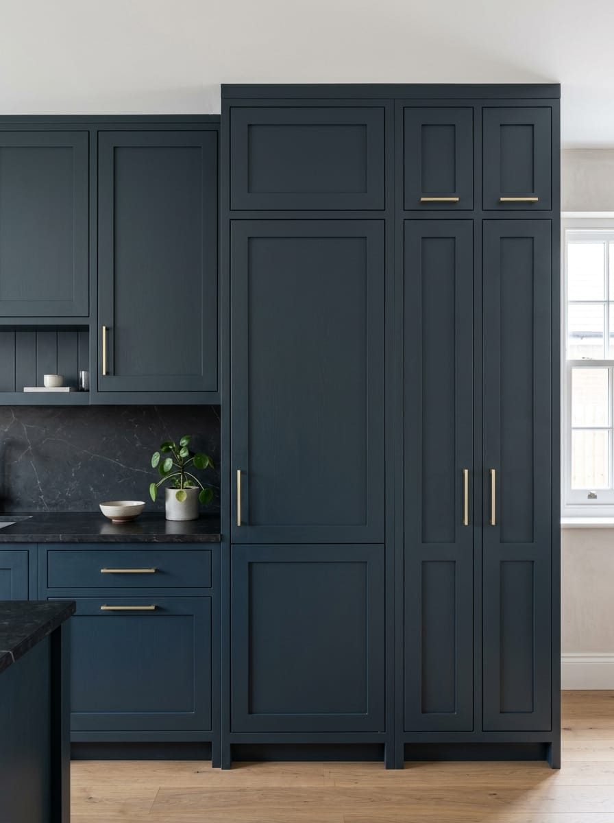 Tall view of full-height bespoke kitchen cabinetry, modern shaker cabinetry