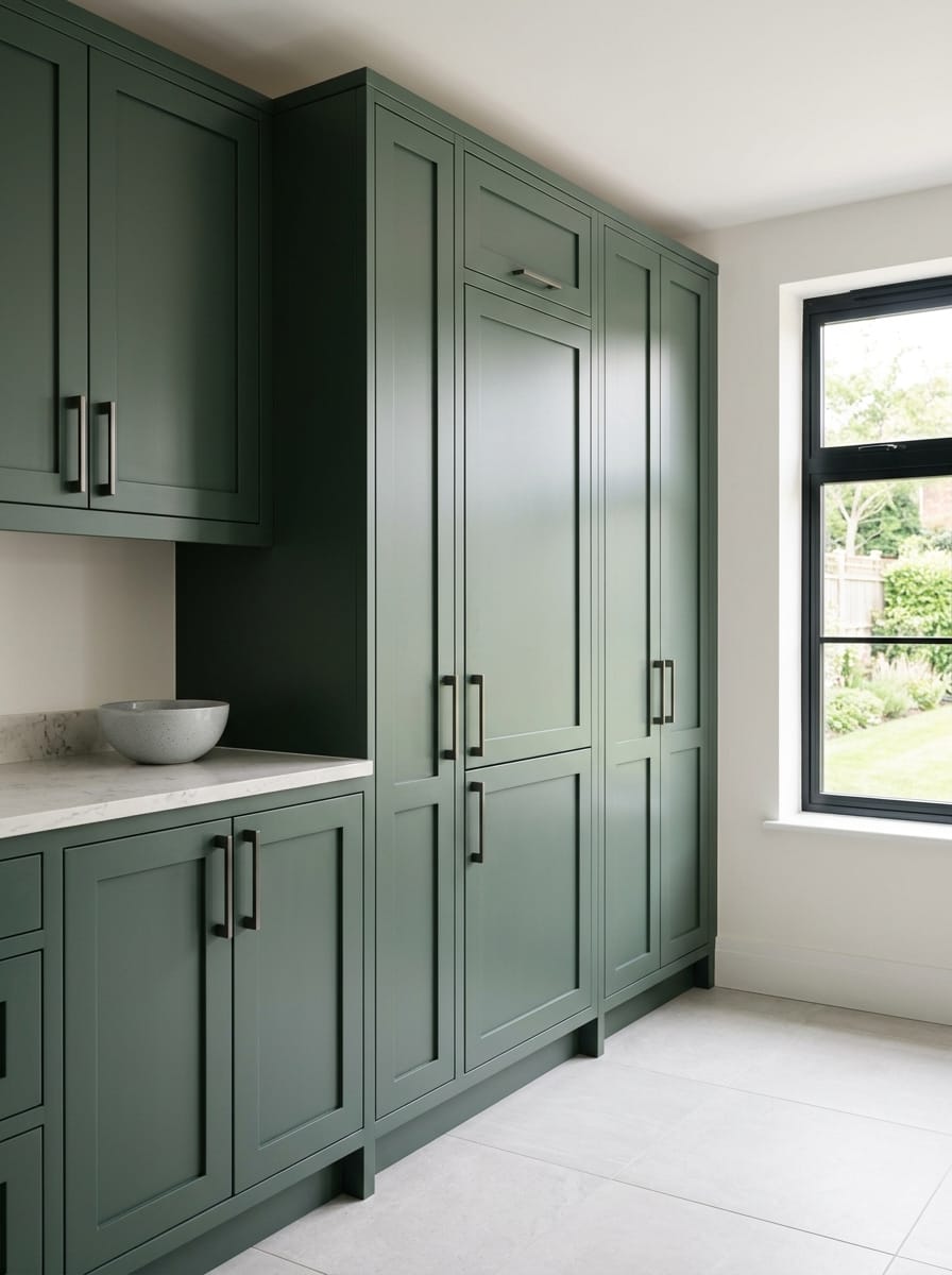 Tall view of full-height bespoke kitchen cabinetry, modern shaker cabinetry
