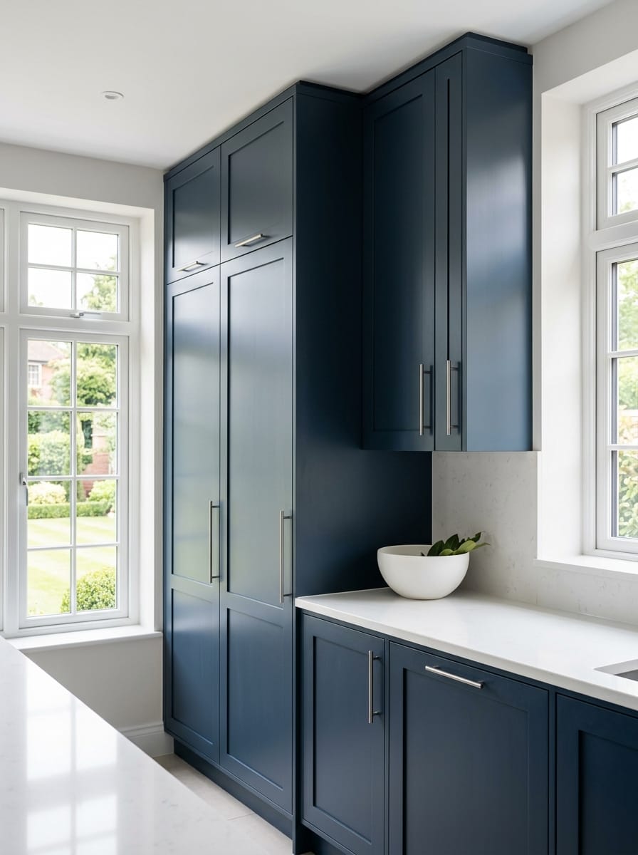 Tall view of full-height bespoke kitchen cabinetry, contemporary in-frame cabinetry