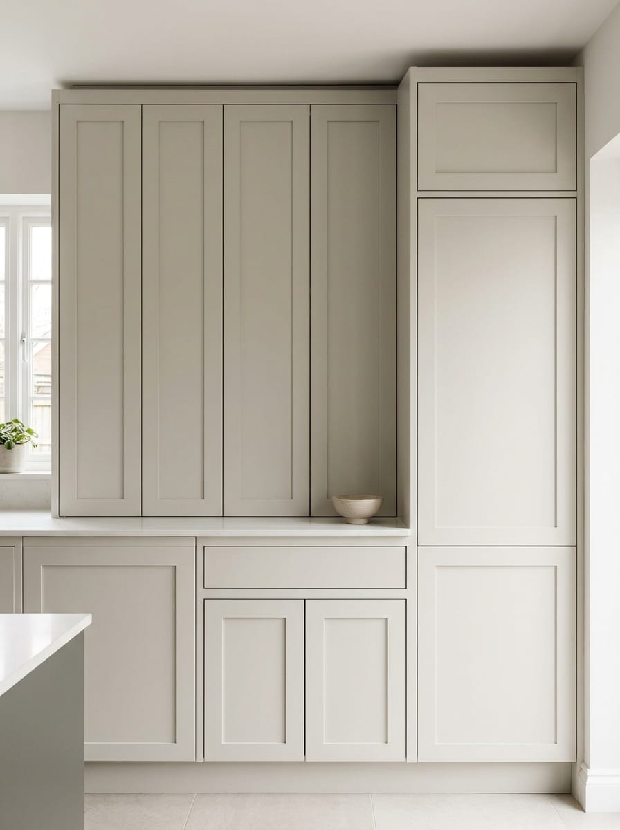 Tall view of full-height bespoke kitchen cabinetry, contemporary painted lay-on cabinetry