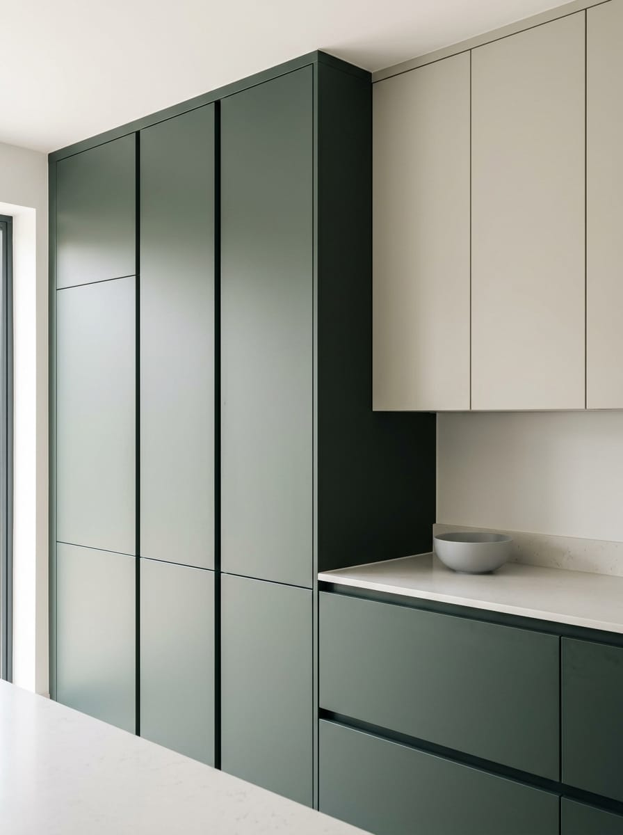 Tall view of full-height bespoke kitchen cabinetry, matt painted handleless slab cabinetry
