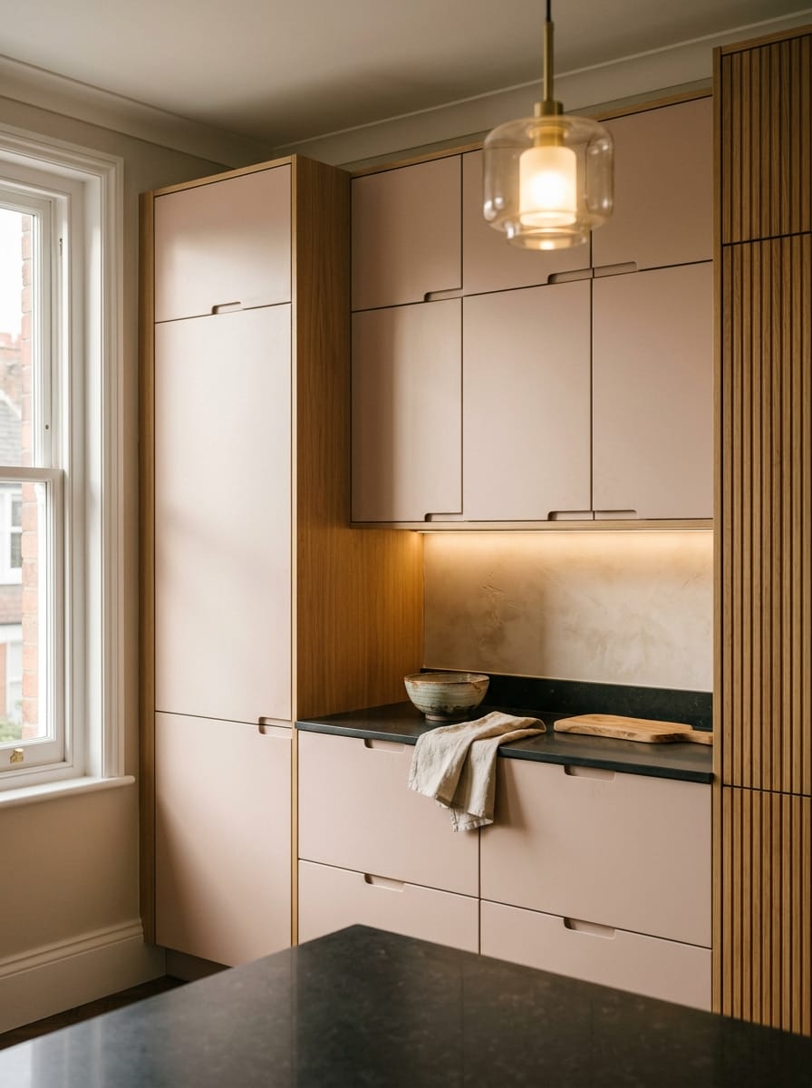 Tall view of full-height bespoke kitchen cabinetry, modern shaker cabinetry