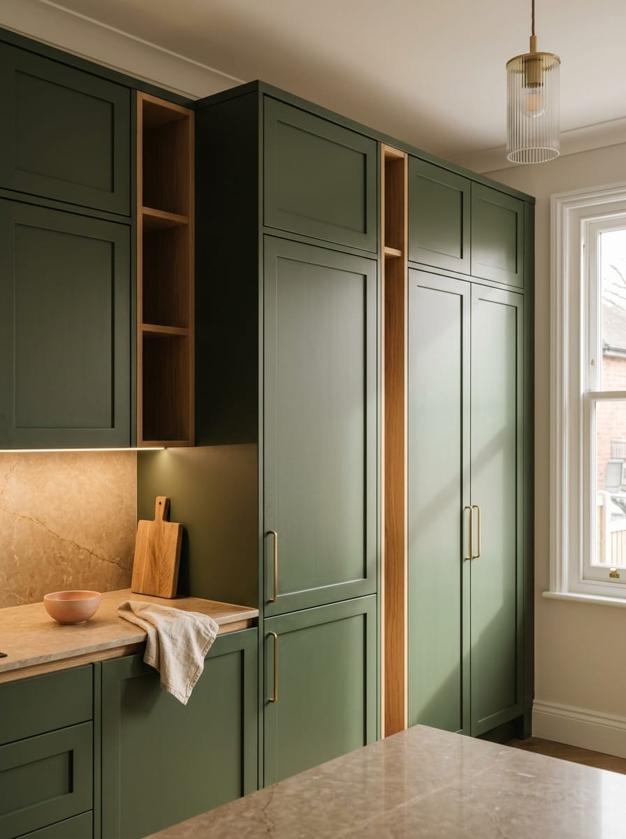 Tall view of full-height bespoke kitchen cabinetry, contemporary painted lay-on cabinetry