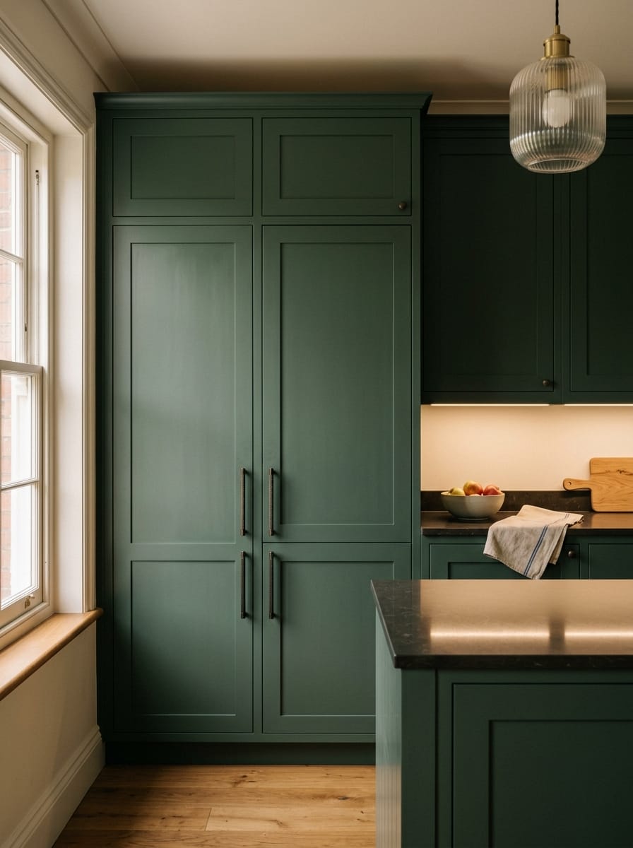Tall view of full-height bespoke kitchen cabinetry, timber veneer slab-door cabinetry