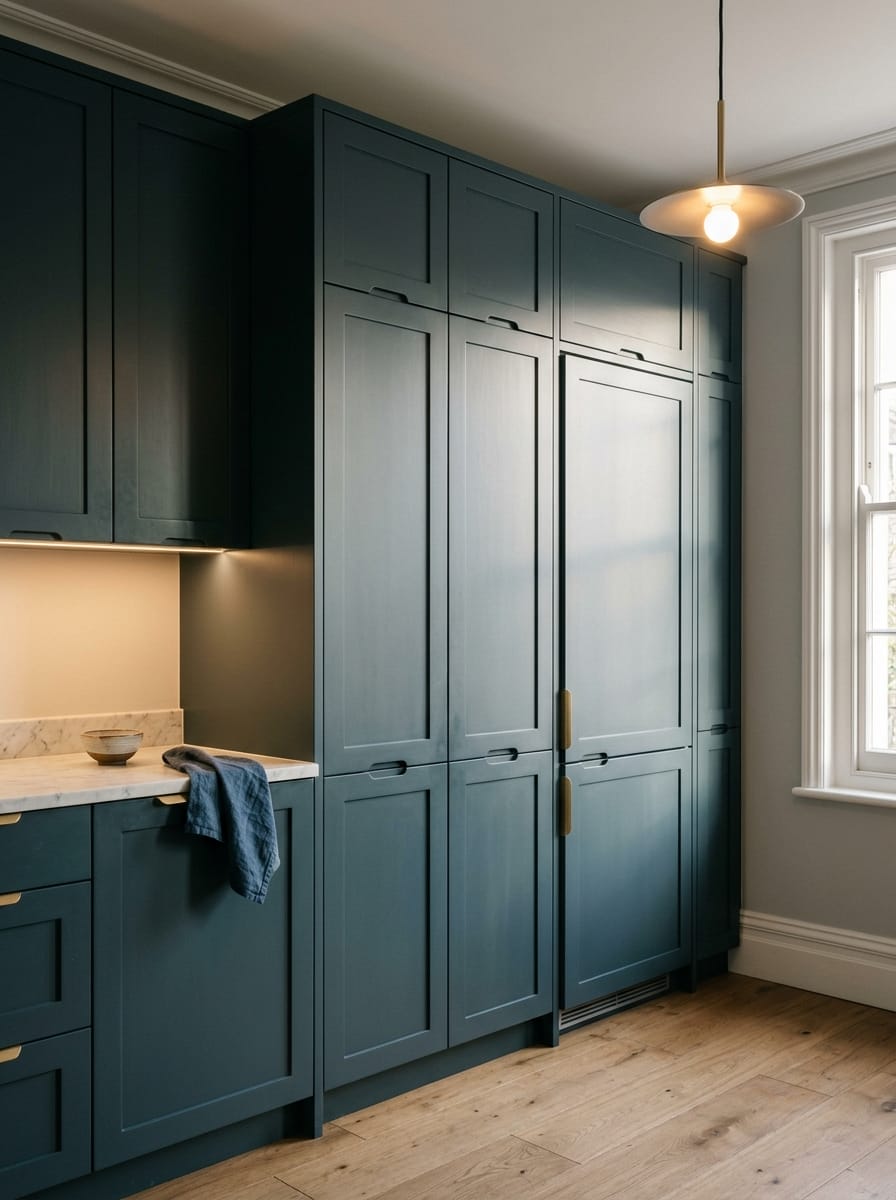 Tall view of full-height bespoke kitchen cabinetry, timber veneer slab-door cabinetry